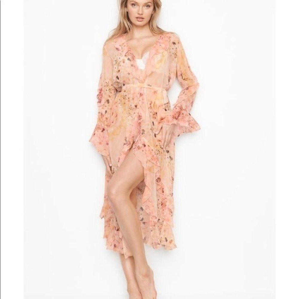 Victoria Secret Ruffle Floral Long Robe Duster M/L - Picture 3 of 8